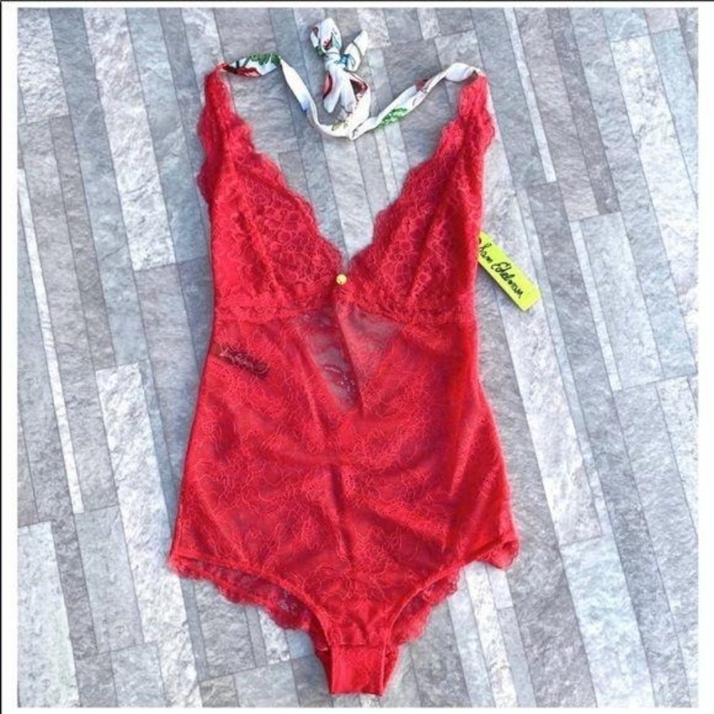 Sam Edelman Geranium Lace Halter Bodysuit, L NWT